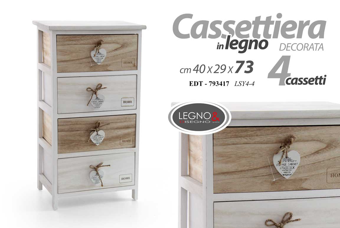 8025569793417 CASSETTIERA 4 CASSETTI BIANCHI LEGNO CUORE PENDENTE SLIM SALVASPAZIO 73*40*29 CM - immagine 1