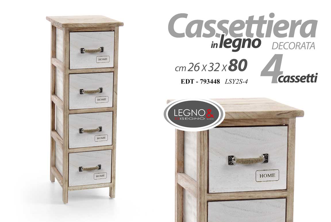 8025569793448 CASSETTIERA 4 CASSETTI SLIM SALVASPAZIO MOBILETTO LEGNO HOME BIANCO 80*26*32 cm - immagine 1