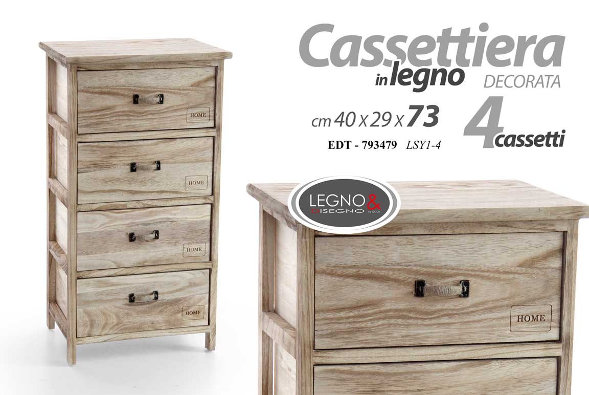 8025569793479 CASSETTIERA LEGNO NATURALE SLIM SALVASPAZIO 4 CASSETTI LEGNO MODERNO 73*40*29 CM - immagine 1