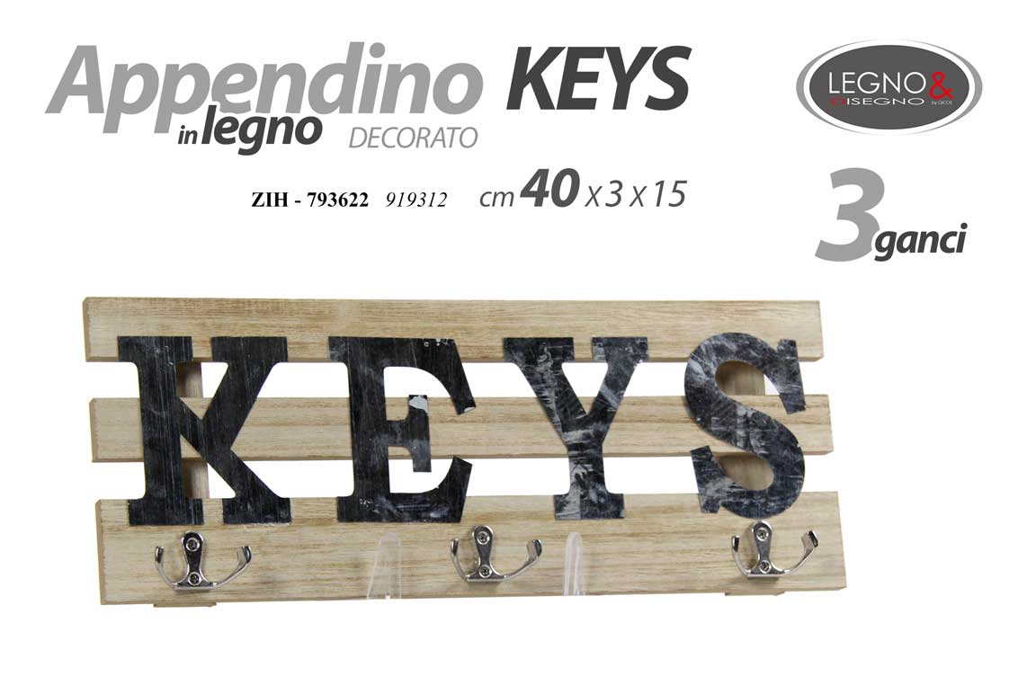 8025569793622 APPENDINO DA PARETE MURO KEYS IN LEGNO RUSTIC 3 GANCI METALLO L40*H15*3 cm - immagine 1