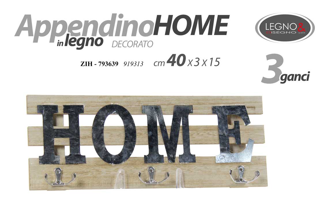 8025569793639 APPENDINO DA PARETE MURO HOME IN LEGNO RUSTIC 3 GANCI METALLO L40*H15*3 cm - immagine 1