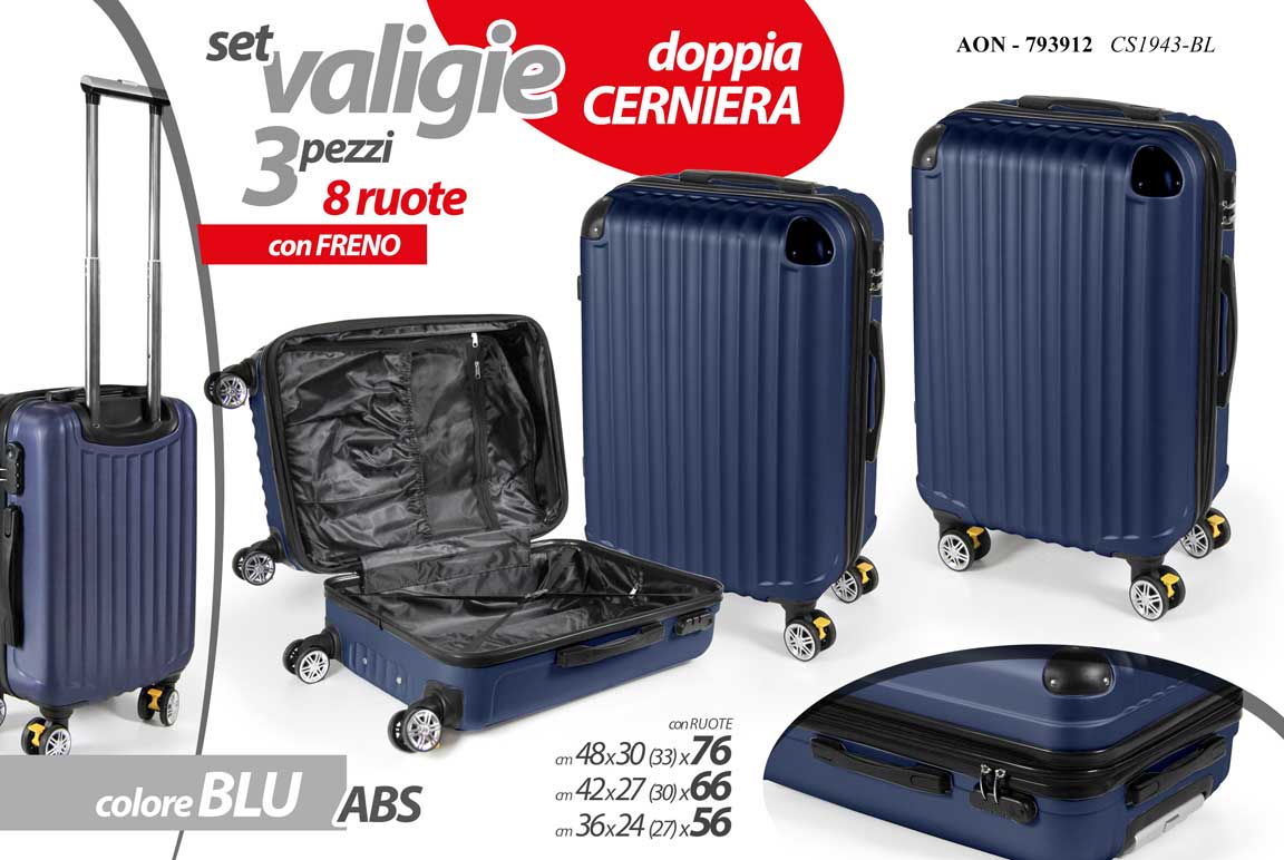 8025569793912 Set valigie viaggio trolley rigidi ruote freno blu doppia cern abs 76 66 56 cm - immagine 1