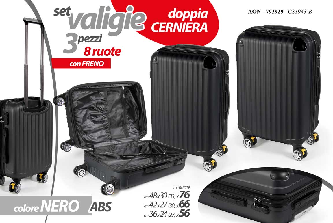 8025569793929 Set valigie viaggio trolley rigidi ruote freno nero doppia cern abs 76 66 56 cm - immagine 1