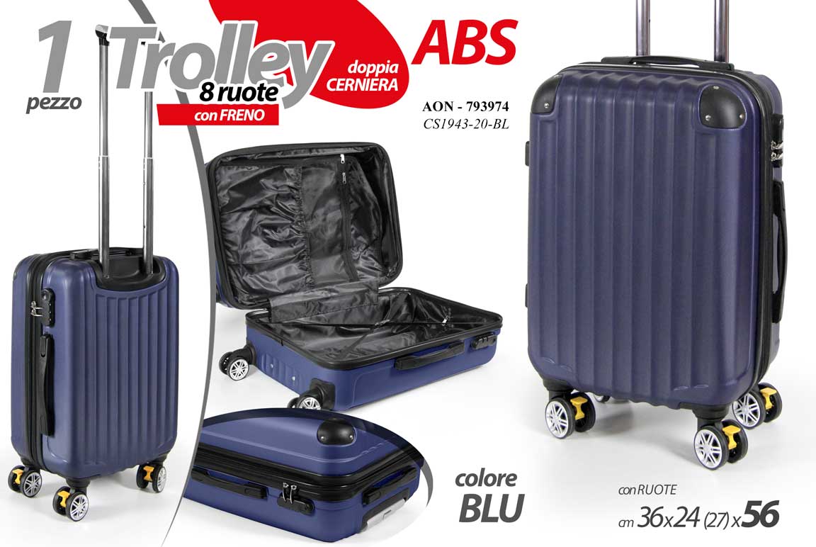 8025569793974 Valigia viaggio bagaglio a mano rigido 8 ruote freno blu scuro abs 56x36x24 cm - immagine 1