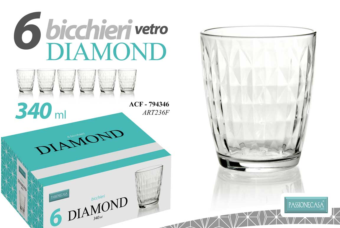 8025569794346 SET 6 BICCHIERI DA TAVOLA ACQUA VINO ROSSO BIANCO VETRO MODERNO DIAMOND 340 CC - immagine 1
