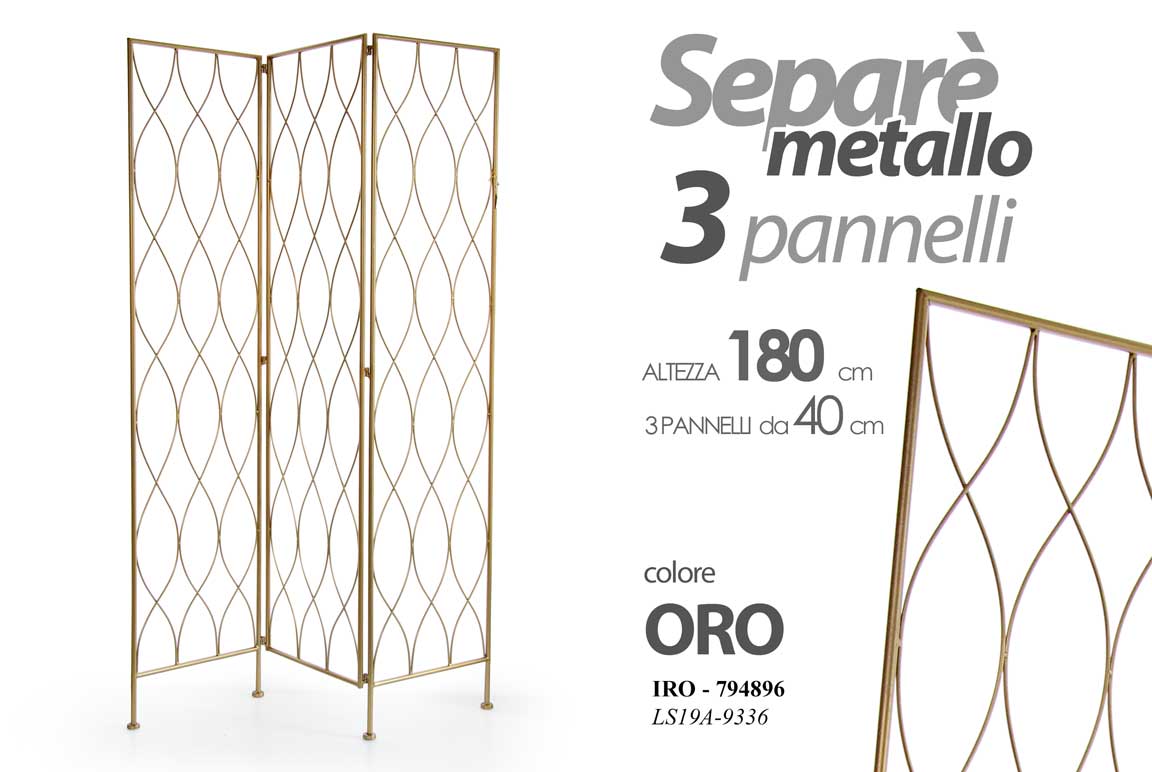 8025569794896 SEPARè PARAVENTO DIVISORIO 3 PANNELLI METALLO ORO VINTAGE MODERNO 180*120 cm - immagine 1