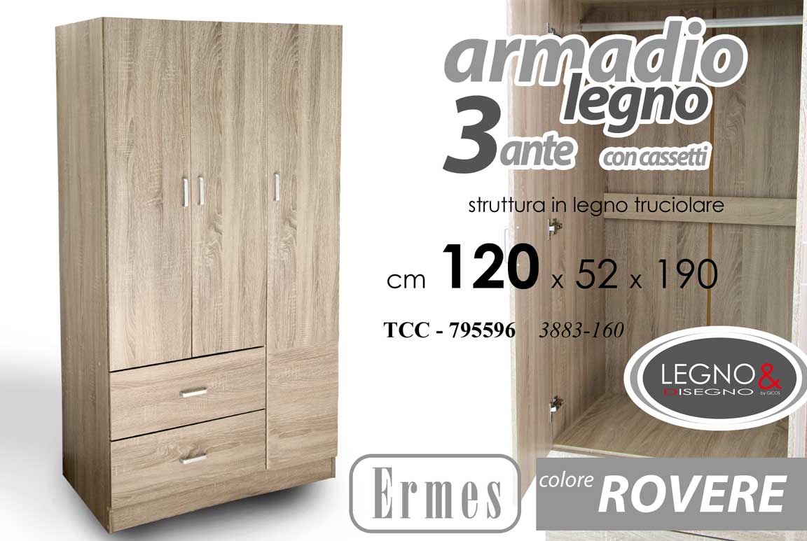 8025569795596 ARMADIO MODERNO Guardaroba 3 ANTE 2 CASSETTI + Appendiabiti ROVERE 190*120*52 cm - immagine 1