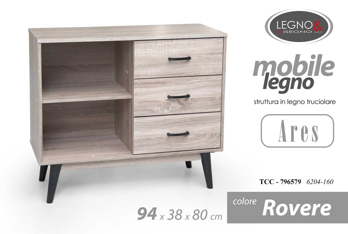 8025569796579 MOBILE CASSETTIERA MOBILETTO MODERNO LEGNO 2 RIPIANI 3 CASSETTI ROVERE H80*94*38 - immagine 1