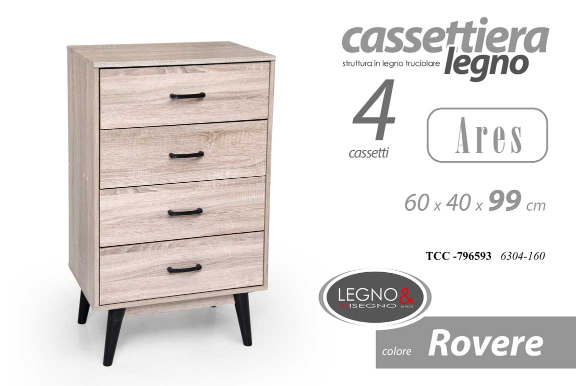 8025569796593 Cassettiera 4 Cassetti SETTIMINO Design Moderno Mobile Legno ROVERE 99*60*40 cm - immagine 1