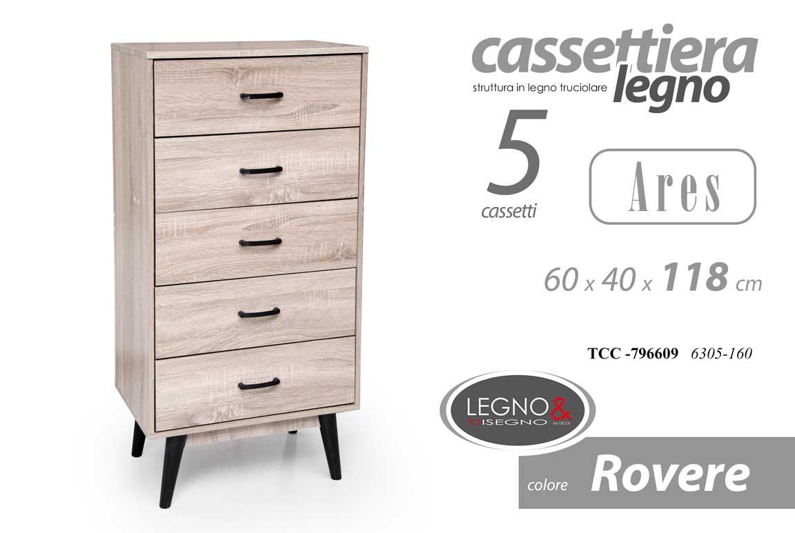 8025569796609 CASSETTIERA MODERNA SETTIMINO 5 CASSETTI LEGNO ROVERE SBIANCATO LEGNO h118*60*40 - immagine 1