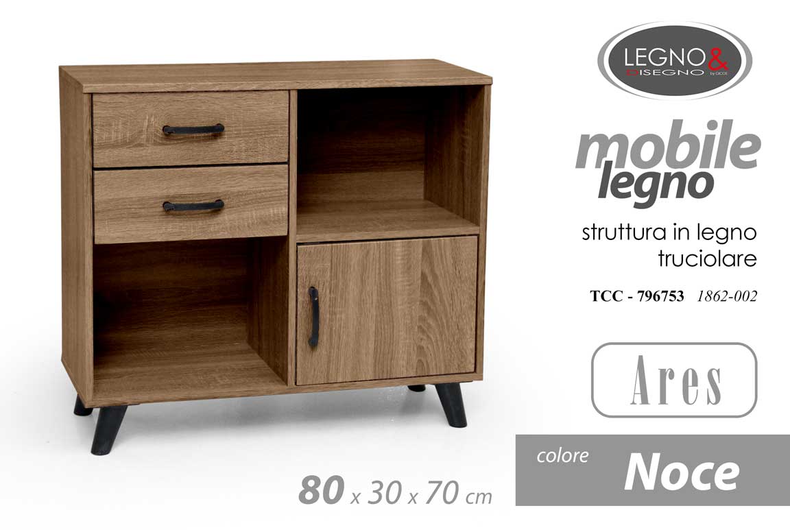8025569796753 MOBILETTO SCAFFALE LIBRERIA BASSA ARMADIETTO NOCE ANTA CASSETTI RIPIANI 80*30*70 - immagine 1