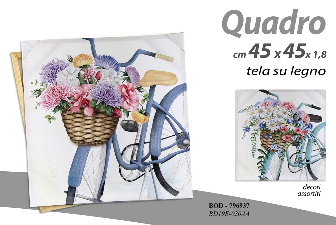 8025569796937 QUADRO STAMPA SU TELA Canvas LEGNO BICICLETTA CESTO FIORI COLOR ASSORT 45*45 cm - immagine 1