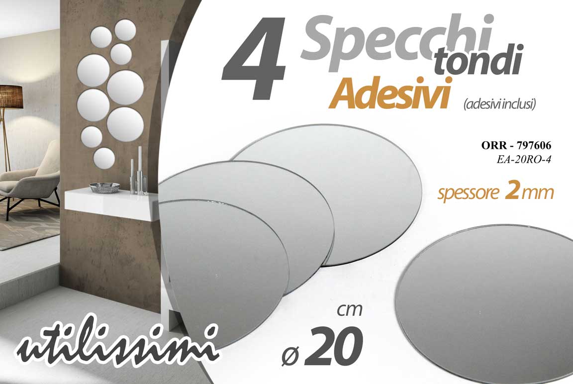8025569797606 SPECCHI ADESIVI ROTONDI TONDI SPECCHIO PARETE MOBILE ARMADIO PIASTRELLA 4 PEZZI - immagine 1