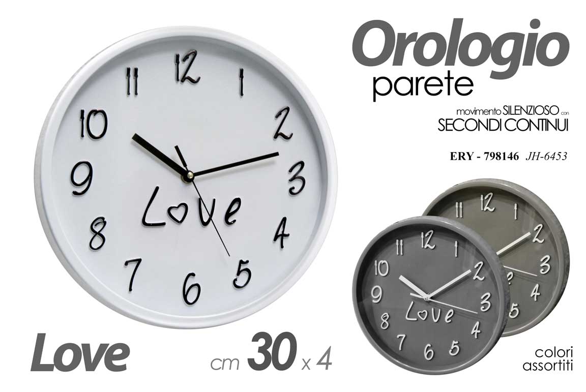 8025569798146 OROLOGIO DA PARETE TONDO SILENZIOSO CLASSICO MODERNO NUMERI GRANDI LOVE 30*4 cm - immagine 1
