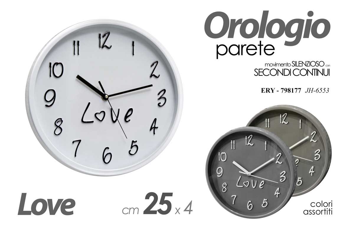 8025569798177 OROLOGIO DA PARETE MURO MECCANISMO SILENZIOSO ANALOGICO MODERNO LOVE 25 CM - immagine 1