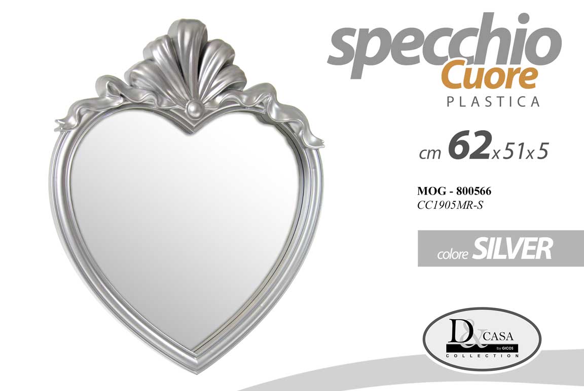 8025569800566 SPECCHIO CUORE DA PARETE MURO SPECCHIERA CORNICE SILVER CLASSICO MODERNO 62*51 - immagine 1