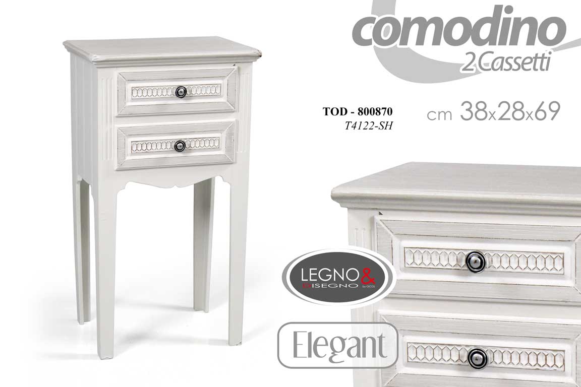 8025569800870 COMODINO LEGNO 2 CASSETTI ELEGANT SHABBY CHIC PROVENZALE BIANCO 69*38*28 cm - immagine 1