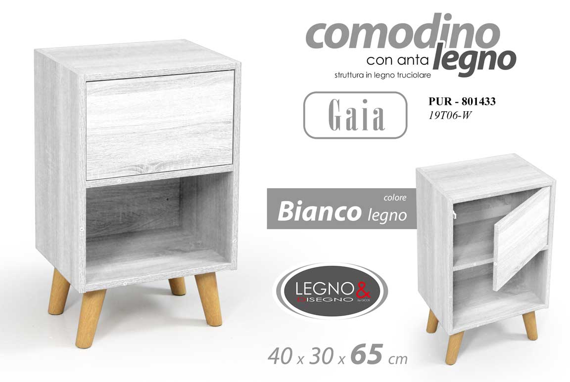 8025569801433 COMODINO MODERNO ANTA CASSETTO RIPIANO PIEDI LEGNO BIANCO h65*40*30cm - immagine 1