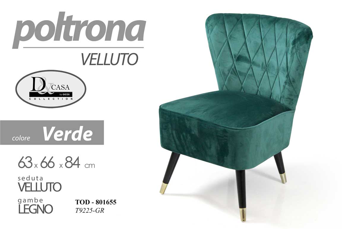 8025569801655 POLTRONA SEDUTA VELLUTO GAMBE LEGNO DESIGN CLASSICO MODERNO VERDE 84*64*66 cm - immagine 1