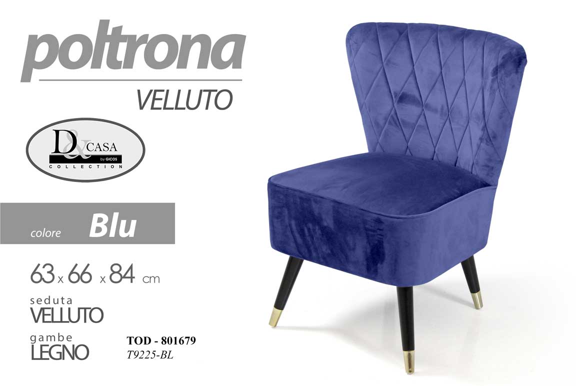 8025569801679 POLTRONA SEDUTA VELLUTO SEDIA GAMBE LEGNO MODERNO CLASSICA BLU 84*63*66 cm - immagine 1