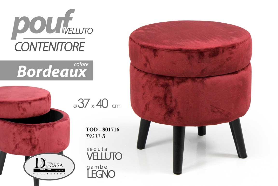 8025569801716 Pouf TONDO Contenitore PUFF Poggiapiedi BORDEAUX ROSSO VELLUTO LEGNO 37*37*h40 - immagine 1