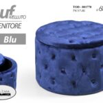 POUF CONTENITORE VELLUTO BLU TRAPUNTATO POUFF ROTONDO TONDO LEGNO 60*H42