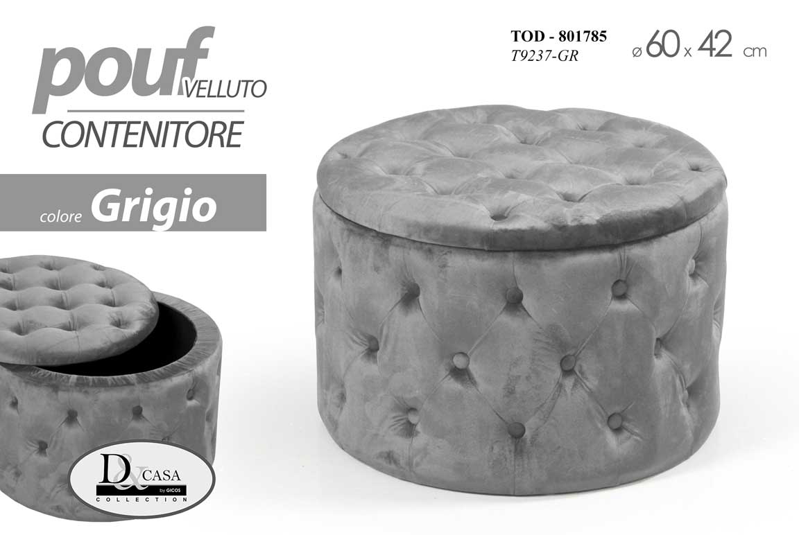 8025569801785 POUF POGGIAPIEDI CONTENITORE VELLUTO GRIGIO TRAPUNTATO CLASSICO MODERNO 60*h42 - immagine 1
