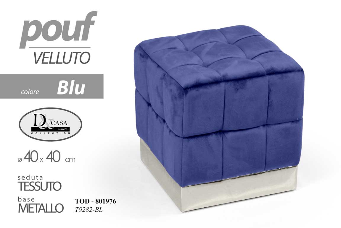 8025569801976 POUF POGGIAPIEDI QUADRATO MODERNO VELLUTO SGABELLO BASE ARGENTO SEDIA BLUE 40*40 - immagine 1