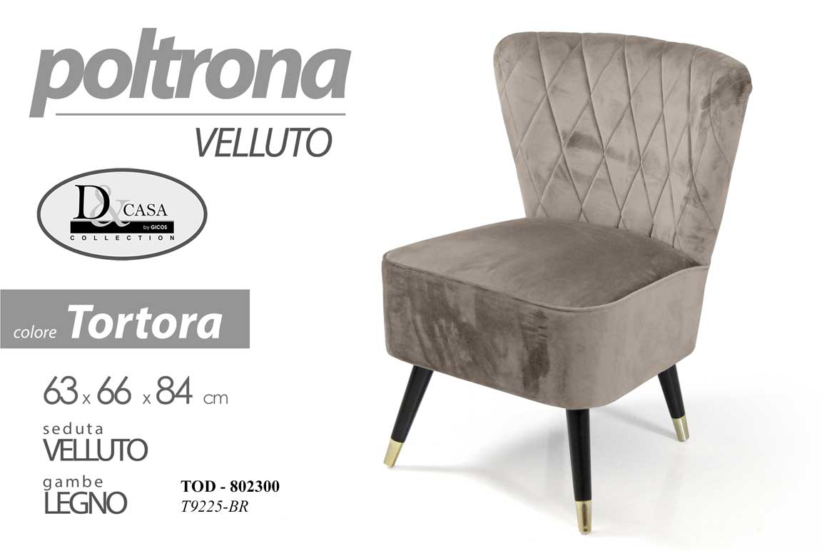 8025569802300 POLTRONA SEDUTA VELLUTO SEDIA GAMBE LEGNO MODERNO CLASSICA TORTORA 84*63*66 cm - immagine 1