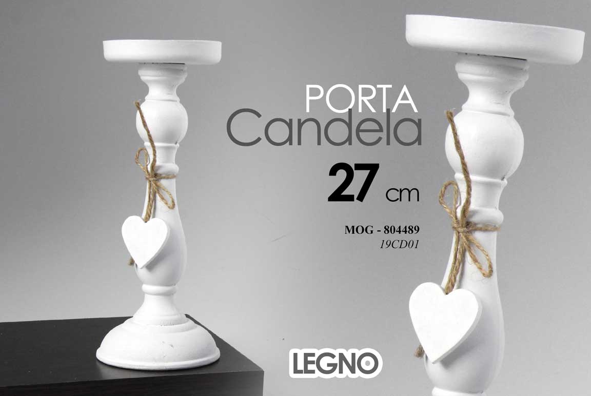 8025569804489 CANDELABRO CANDERIERE 1 FIAMMA PORTA CANDELA LEGNO CUORE ASSORTITO BIANCO 27 cm - immagine 1