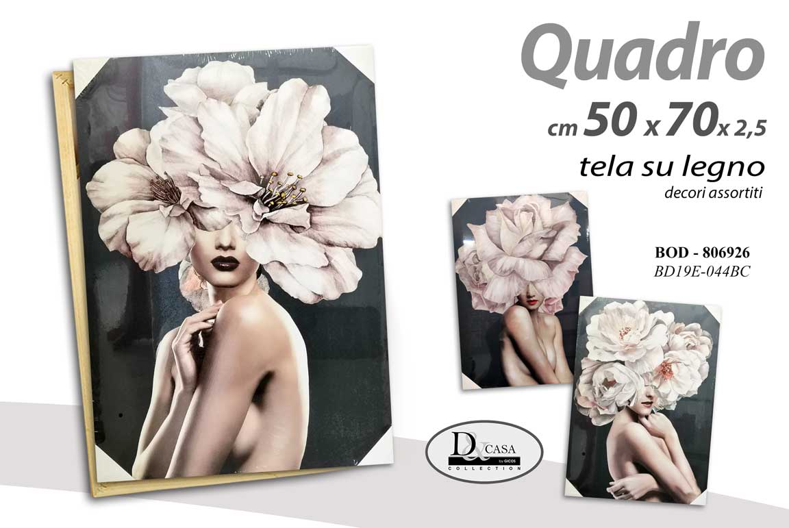 8025569806926 QUADRO STAMPA SU TELA Canvas LEGNO NERO Donna FIORI IN TESTA ASSORTITI 50*70 cm - immagine 1