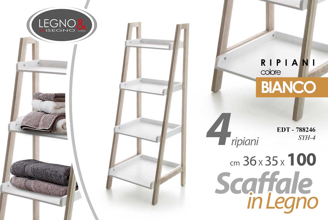 8025569809231 SCAFFALE LEGNO 4 RIPIANI BIANCO CUCINA BAGNO PORTA ASCIUGAMANI OGGETTI 100*36*35 - immagine 1