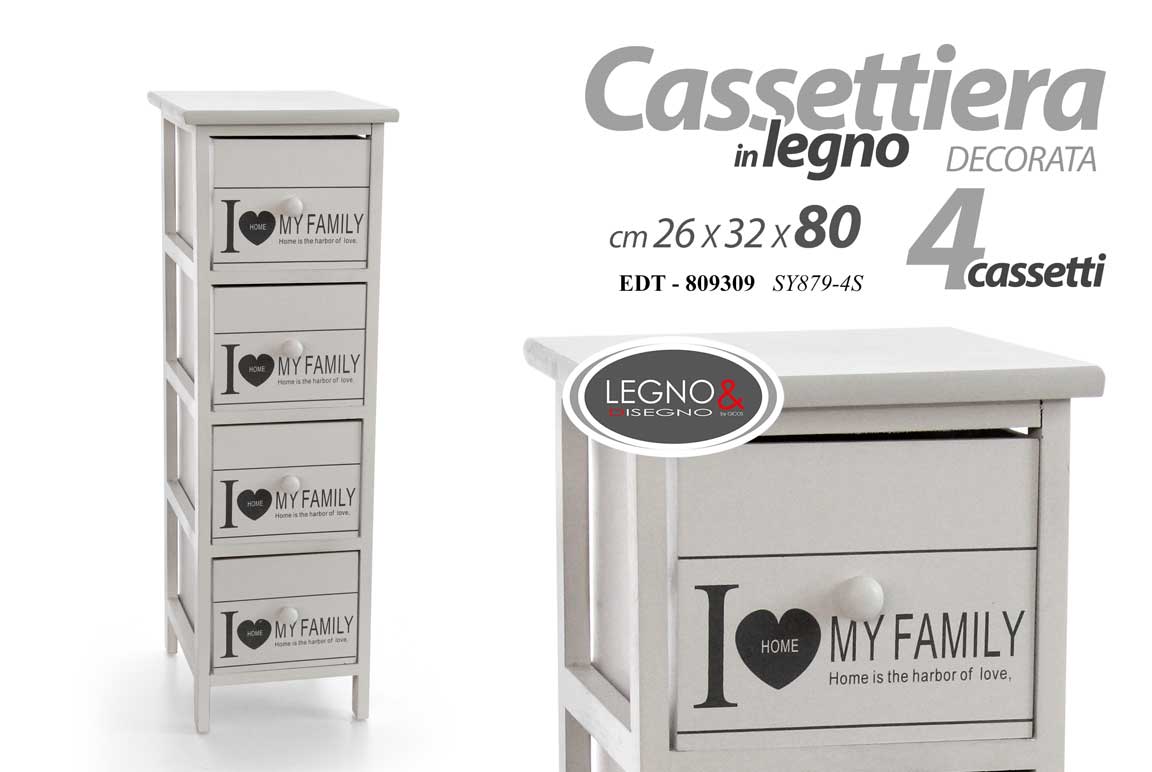 8025569809309 CASSETTIERA CUORE 4 CASSETTI My Family LEGNO COMODINO CLASSICO MODERNO 80*26*32 - immagine 1