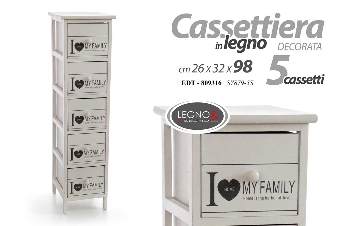 8025569809316 CASSETTIERA CUORE 5 CASSETTI FAMILY COMODINO SLIM SALVASPAZIO MODERNO 98*26*32cm - immagine 1