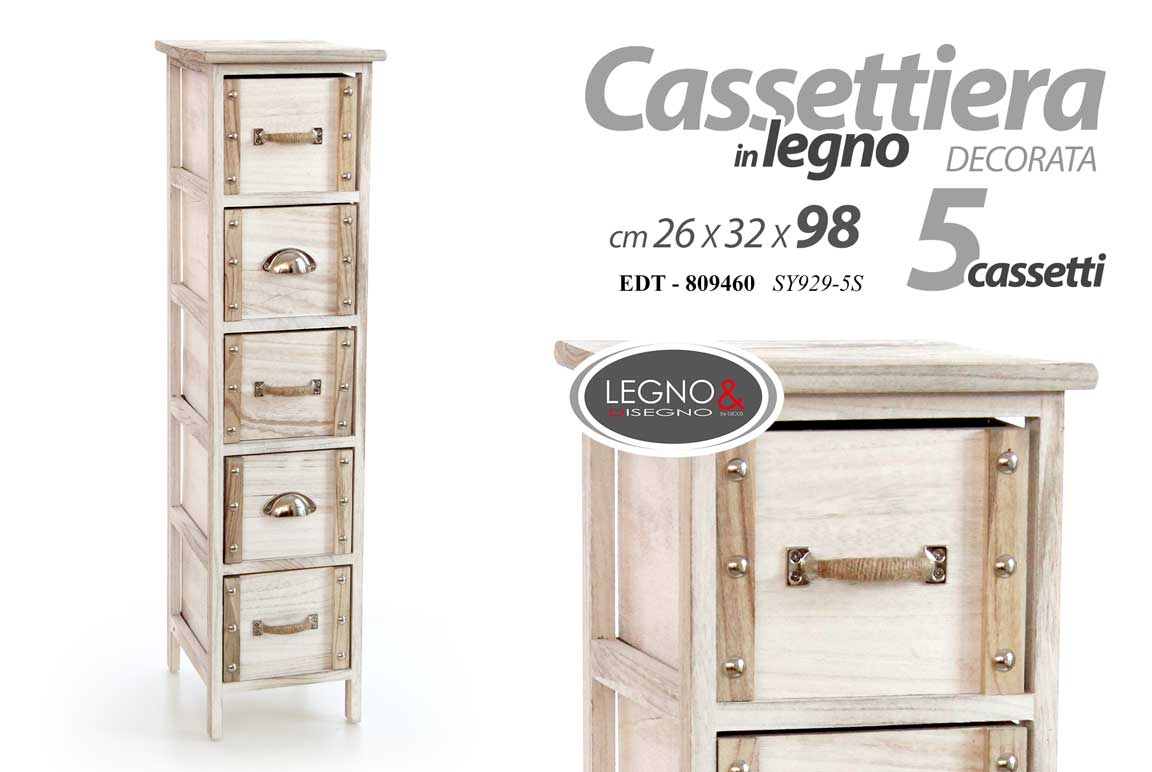 8025569809460 CASSETTIERA LEGNO NATURALE SLIM SALVASPAZIO 5 CASSETTI RETRò VINTAGE 98*26*32 - immagine 1