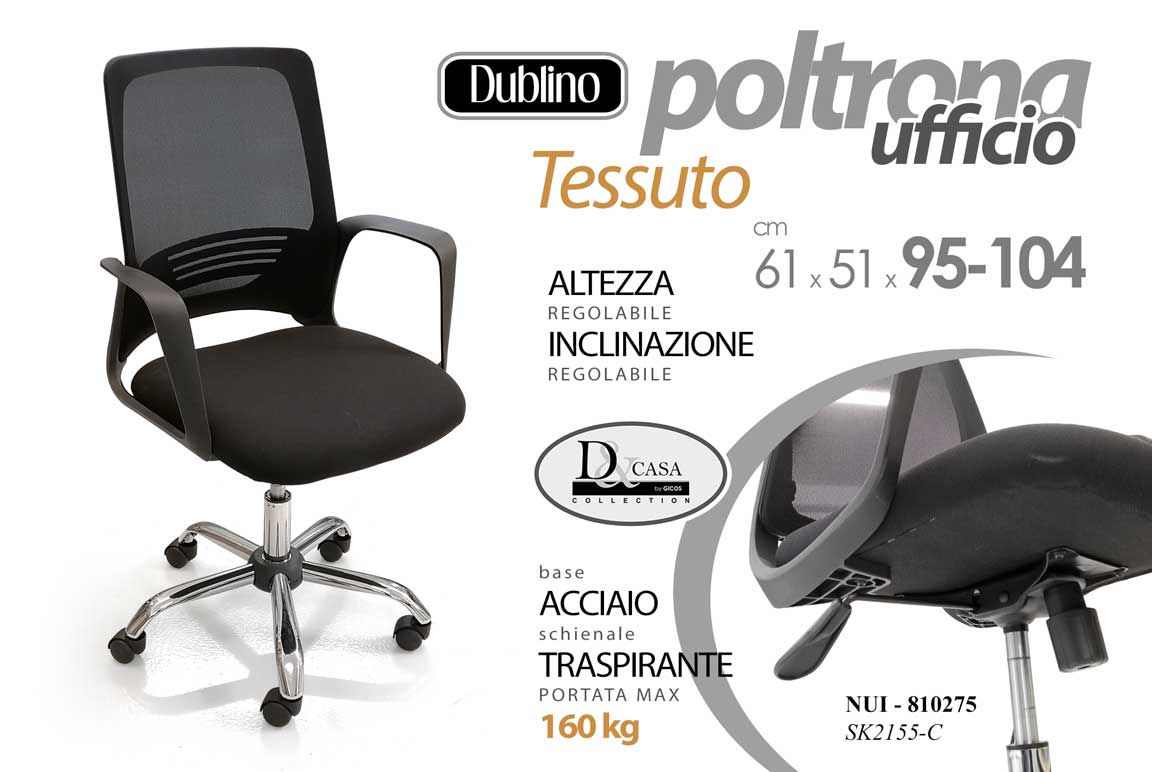 8025569810275 POLTRONA SEDIA SCHIENALE TRASPIRANTE Port 160 kg UFFICIO TESSUTO ACCIAIO REGOLAB - immagine 1