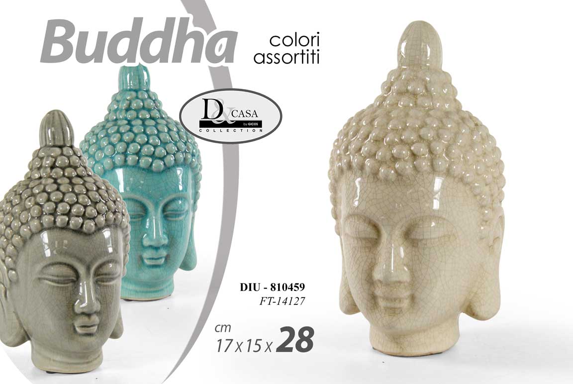 8025569810459 TESTA BUDDHA BUDDA STATUA SOPRAMMOBILE CERAMICA CRAQUELÉ ZEN COLOR ASSOR 28 CM - immagine 1