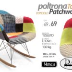Poltrona dondolo patchwork tessuto multicolore gambe legno moderno design 69cm