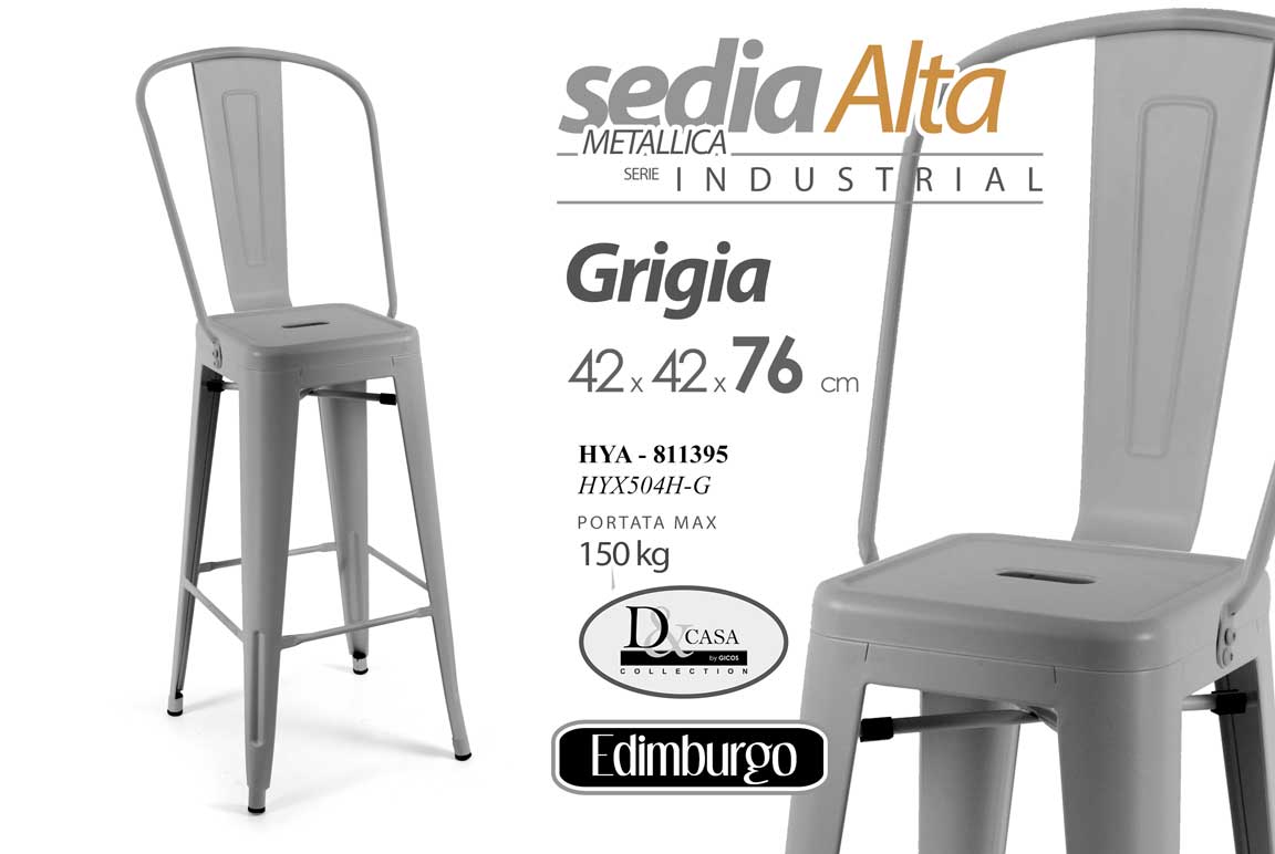 8025569811395 SGABELLO ALTO SCHIENALE SEDIA METALLO 150 kg BAR SALOTTO CUCINA GRIGIO 76-42 cm - immagine 1