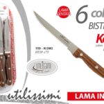 6 COLTELLI BISTECCA CARNE PIZZA SET LAMA DENTATA ACCIAIO COLOR LEGNO 11,5CM