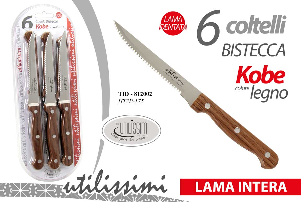8025569812002 6 COLTELLI BISTECCA CARNE PIZZA SET LAMA DENTATA ACCIAIO COLOR LEGNO 11,5CM - immagine 1