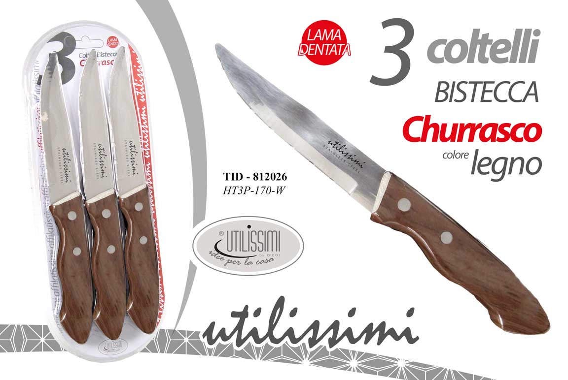 8025569812026 3 COLTELLI BISTECCA LAMA DENTATA SEGHETTATA ACCIAIO Barbecue COLOR LEGNO 13 CM - immagine 1