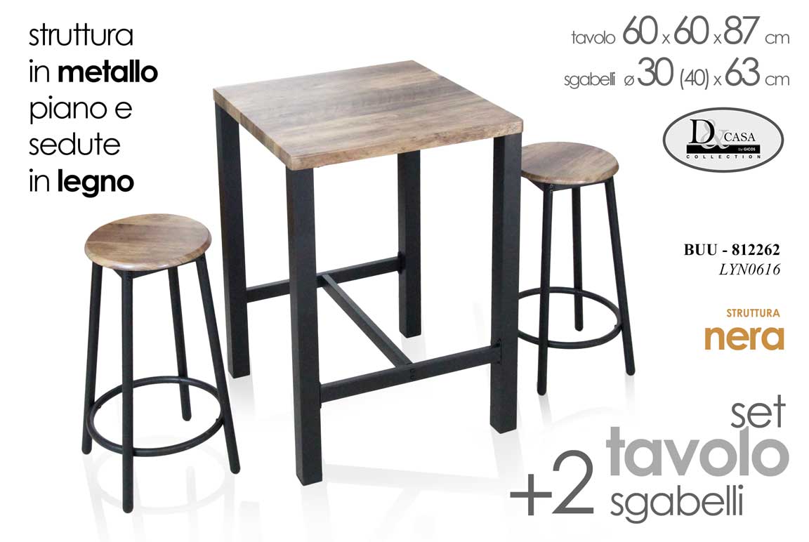 8025569812262 TAVOLO PENISOLA COLAZIONE LEGNO METALLO NERO QUADRATO TAVOLINO 2 SGABELLI - immagine 1