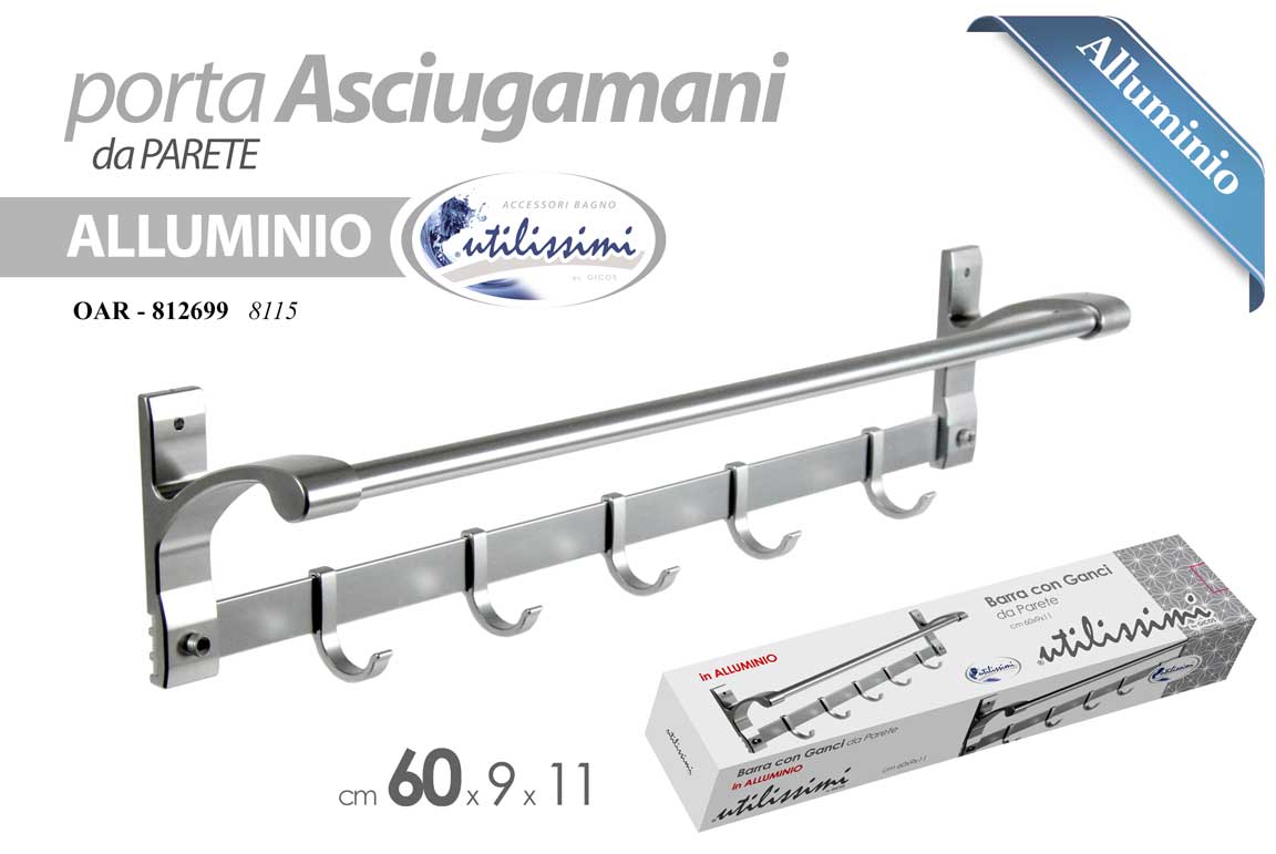 8025569812699 Porta Asciugamano PARETE Portasalviette ALLUMINIO ANTICALCARE Moderno Muro 60 cm - immagine 1