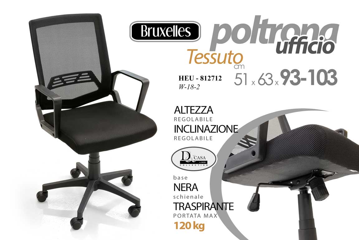8025569812712 POLTRONA SEDIA TRASPIRANTE UFFICIO TESSUTO Portata 120 kg ACCIAIO REGOLABILE - immagine 1