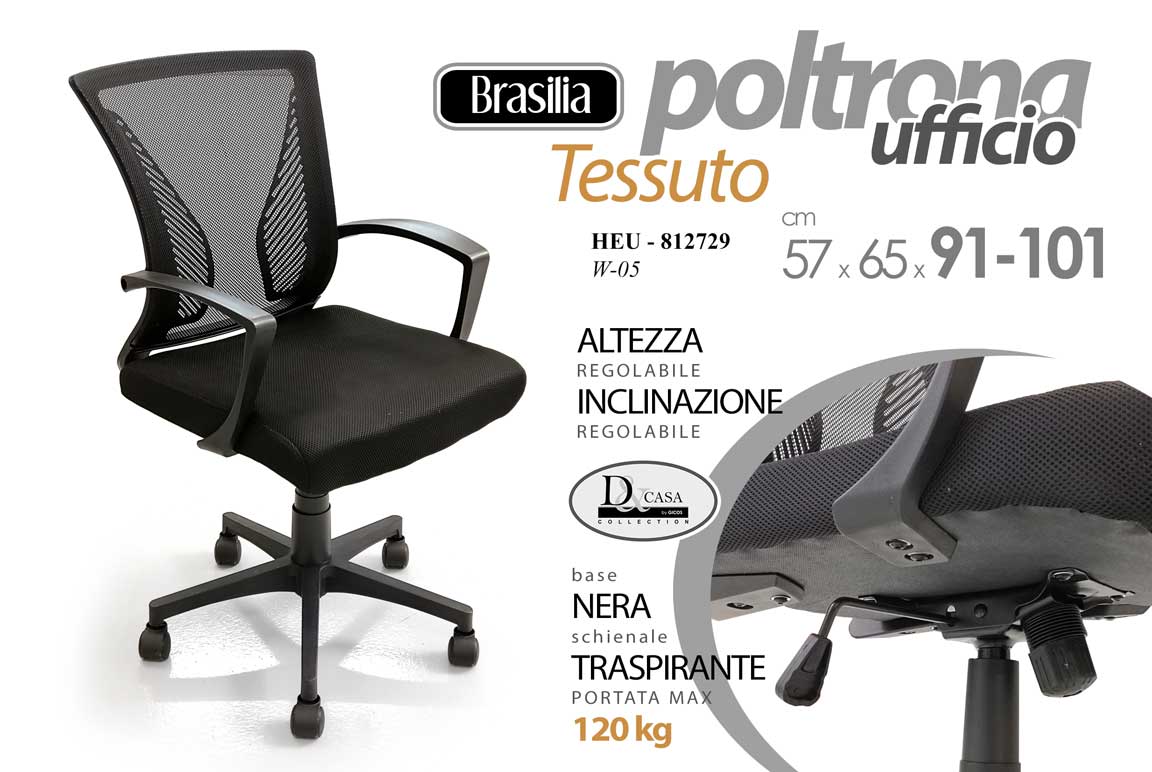 8025569812729 POLTRONA SEDIA TRASPIRANTE UFFICIO TESSUTO Portata 120 kg NERA ACCIAIO 91-101CM - immagine 1