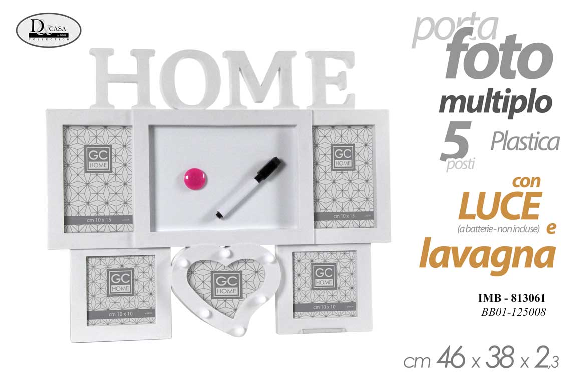 8025569813061 CORNICE PORTA FOTO 46*38*2,3 CM MULTIPLO 5 POSTI CON LAVAGNA E LUCI DA PARETE - immagine 1
