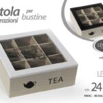 COFANETTO PORTA BUSTINE SCATOLA LEGNO OGGETTI THE TE TEA TISANE CIALDE 24*24*9CM