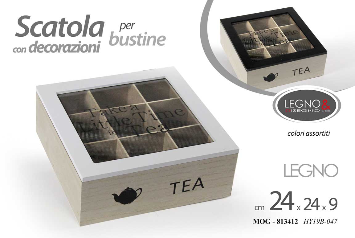 8025569813412 COFANETTO PORTA BUSTINE SCATOLA LEGNO OGGETTI THE TE TEA TISANE CIALDE 24*24*9CM - immagine 1