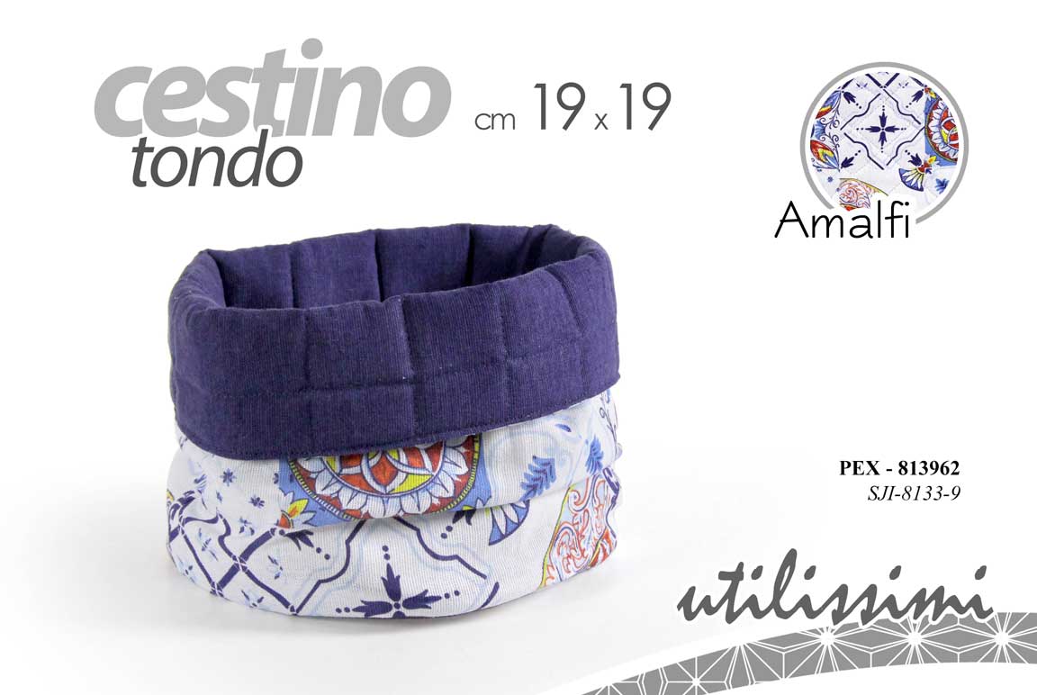 8025569813962 CESTINO PORTA PANE CUCINA MODERNO TONDO RIVESTIMENTO TESSUTO AMALFI 19*19 cm - immagine 1